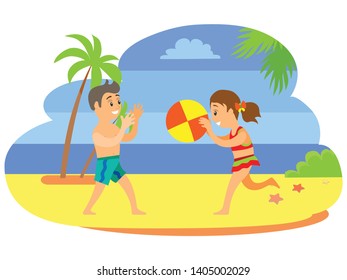 Kids in trunks and swimsuit, summertime and holidays on seaside isolated characters. Beach game, boy and girl throwing ball, children in swimwear vector