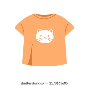 Kids tshirt with cute cat printed. Childs summer clothes, t-shirt with kitten. Childrens apparel, garment for warm weather. Flat vector illustration isolated on white background