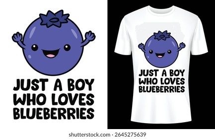 Kids tshirt design featuring a happy blueberry character. Perfect for blueberry lovers. Fun and quirky graphic tee.