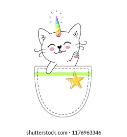 kids t-shirt design, print or poster with cute cat, caticorn, unicorn sitting in the pocket