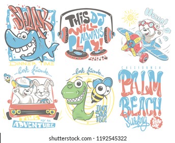 Kids T-Shirt Designs Set vector cartoon illustration.