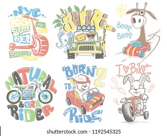 Kids T-Shirt Designs Set vector cartoon illustration