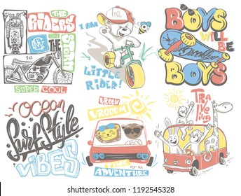 Kids T-Shirt Designs Set vector cartoon illustration