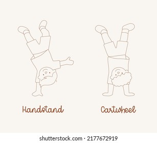 kids in t-shirt and short pant doing handstand and cartwheel in line art