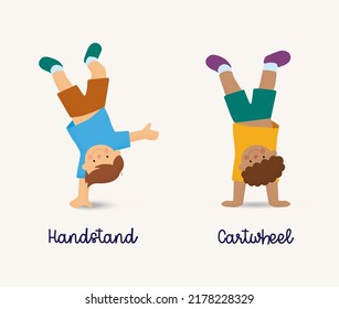 kids in t-shirt and short pant doing handstand and cartwheel