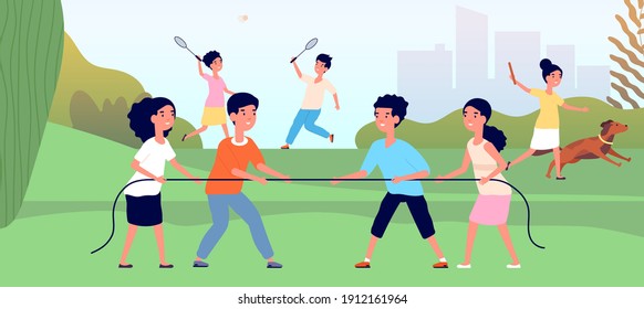 Kids Tug Of War. Outdoor Child Games, Cartoon Kid Competition. Girl Boy Pull Rope, Play Badminton Or With Dog Flat Utter Vector Illustration