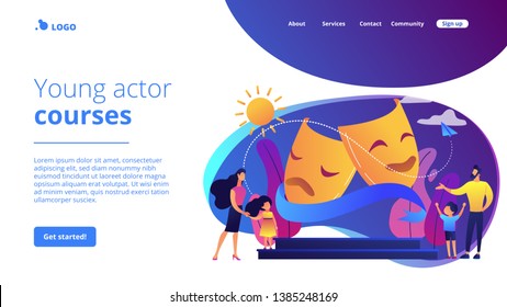 Kids With Tutors Enjoy Acting On Theater Stage Outside, Tiny People. Theater Camp, Summer Acting Program, Young Actor Courses Concept. Website Homepage Landing Web Page Template.