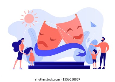 Kids with tutors enjoy acting on theater stage outside, tiny people. Theater camp, summer acting program, young actor courses concept. Pinkish coral bluevector isolated illustration