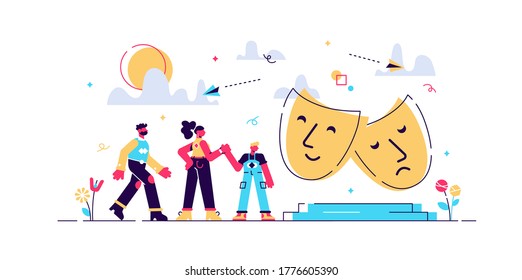 Kids with tutors enjoy acting on theater stage outside, tiny people. Theater camp, summer acting program, young actor courses concept. Bright vibrant violet vector isolated illustration