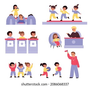 Kids Tv Show. Childish Entertainment Contests. Sports Or Intellectual, Dance Or Interview With Child, Group Quiz, Talent Competition, Small Stars, Vector Cartoon Flat Style Isolated Set