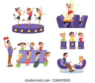 Kids TV show. Erudition quiz and talent competition. Different childish media programs. Music and sport contests. Studio with hosts and jury. Game television projects participants. Splendid vector set