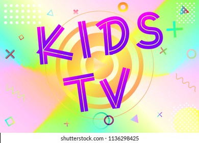 kids tv text, colorful lettering in modern gradient on bright geometric pattern background, stock vector illustration
