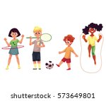 Kids twirling hula hoop, playing badminton and soccer, jumping over rope, cartoon vector illustration isolated on white background. Kids, children playing outside, summer activities, sport, playground