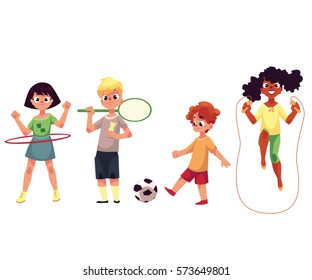 Kids twirling hula hoop, playing badminton and soccer, jumping over rope, cartoon vector illustration isolated on white background. Kids, children playing outside, summer activities, sport, playground