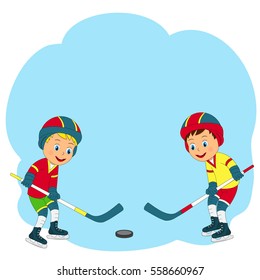 Kids, Two Boys Play Ice Hockey, Illustration,vector