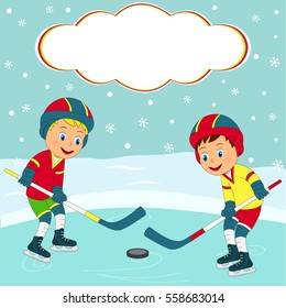 Kids, Two Boys Play Ice Hockey On Winter Background, Illustration,vector