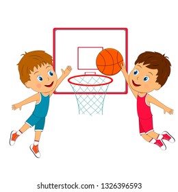 kids, two boys playing basketball on the white background,illustration, vector