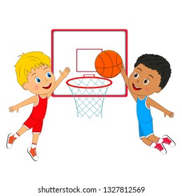 kids, two boys playing basketball on the white background,illustration, vector