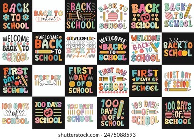 Kids Typography Design Bundle, Back to School Lettering, 100 days of school, First day of School, Colorful Groovy Lettering for Kids, Playful Groovy School Letters for Kids, Kindergarten typography