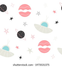 Kids ufo space seamless pattern. Vector illustration 