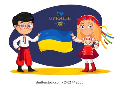 Kids in Ukrainian traditional clothes with flag of Ukraine.