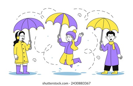 Kids under rain linear. Boys and girls with umbrellas in rainy weather. Autumn and fall season. Children play in puddle. Simple flat vector illustration isolated on white background