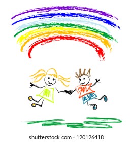 Kids under rainbow