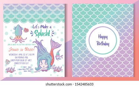Kids under the sea birthday party invitation card. Kids birthday party front and back invitation card with cute little mermaid and marine life