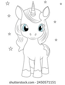 kids unicorn  coloring page , vector art or line art