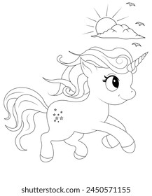 kids unicorn  coloring page , vector art or line art
