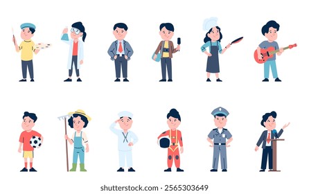 Kids in uniform. Children play in professions, journalist scientist businessman farmer chef painter or artist seaman policeman. Cute recent vector characters