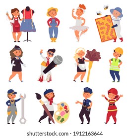 Kids In Uniform. Cute Children Occupations, Different Professional Work Teens. Cartoon Farmer, Singer In Costume Decent Vector Characters