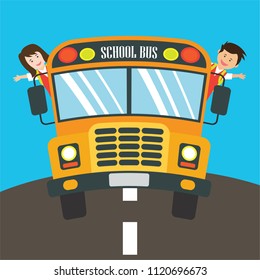 kids with uniform going to school riding yellow school bus in cartoon character. vector illustration