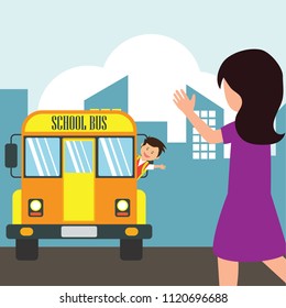 kids with uniform going to school riding yellow school bus in cartoon character. vector illustration