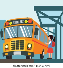 kids with uniform going to school riding yellow school bus in cartoon character. vector illustration