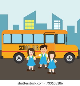 kids with uniform going to school riding yellow school bus in cartoon character. vector illustration