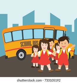 kids with uniform going to school riding yellow school bus in cartoon character. vector illustration
