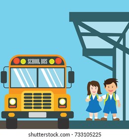 kids with uniform going to school riding yellow school bus in cartoon character. vector illustration