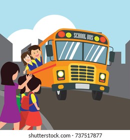 kids with uniform going to school riding yellow school bus in cartoon character. vector illustration