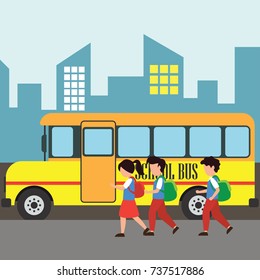 kids with uniform going to school riding yellow school bus in cartoon character. vector illustration