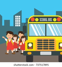 kids with uniform going to school riding yellow school bus in cartoon character. vector illustration