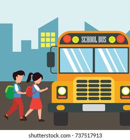 kids with uniform going to school riding yellow school bus in cartoon character. vector illustration