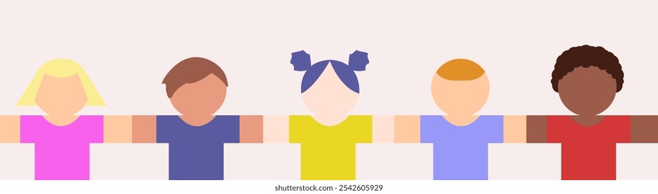 Kids union horizontal banner. Children of different races holding each other. Flat vector illustration.