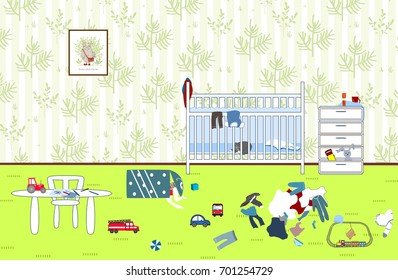 Kids Untidy And Messy Room. Child Scattered Toys And Clothing. Children's Room. Mess In The House. Vector Illustration