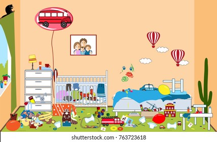 Kids untidy and messy room. Child scattered toys and clothing. Room where two little boys live. Mess in the house. Vector illustration