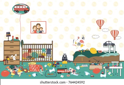 Kids Untidy And Messy Room. Child Scattered Toys And Clothing. Room Where Two Little Boys Live. Mess In The House. Funny Vector Illustration