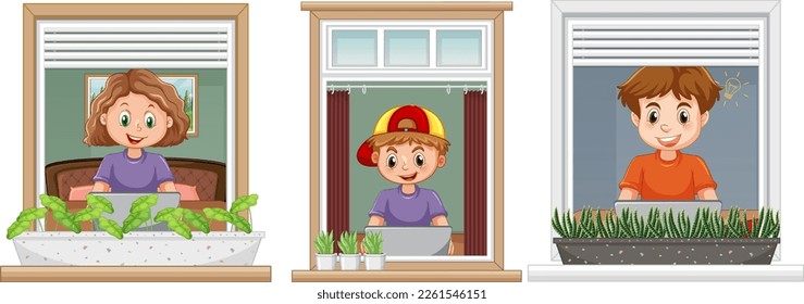 Kids using computer and looking through the window illustration