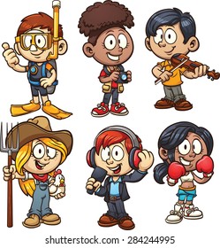 Kids using costumes for different occupations. Vector clip art illustration with simple gradients. Each on a separate layer.