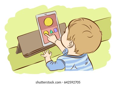 Kids using digital tablet for playing game, Drawing vector illustration.