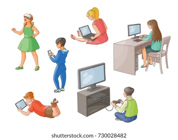 Kids using gadgets - computer, laptop, tablet, smartphone, game console, augmented reality glasses, back view, flat cartoon vector illustration isolated on white background. Kids and technologies
